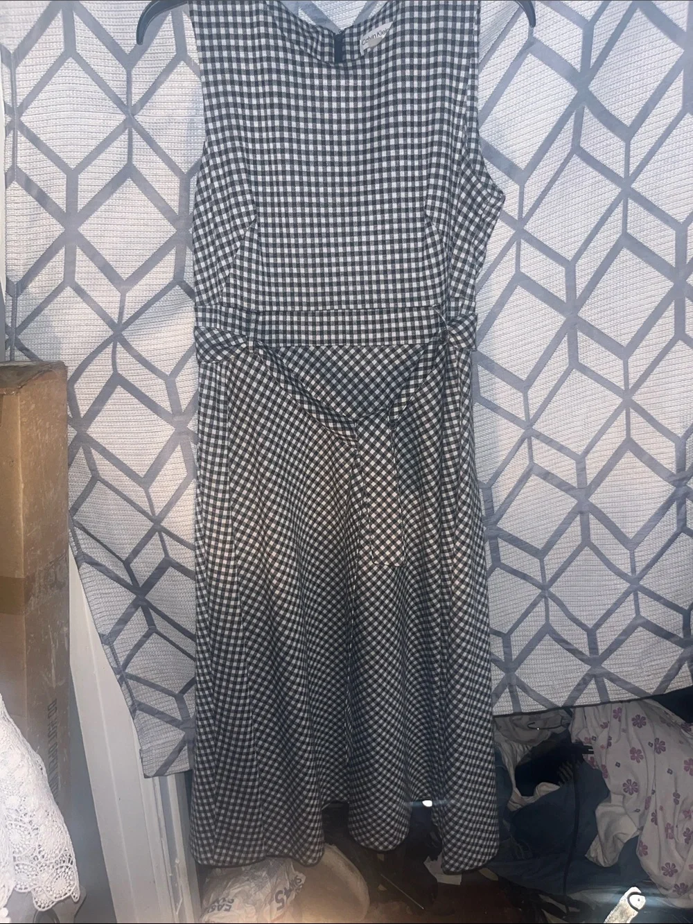 Calvin Klein Black and White Gingham Sleeveless Midi Dress